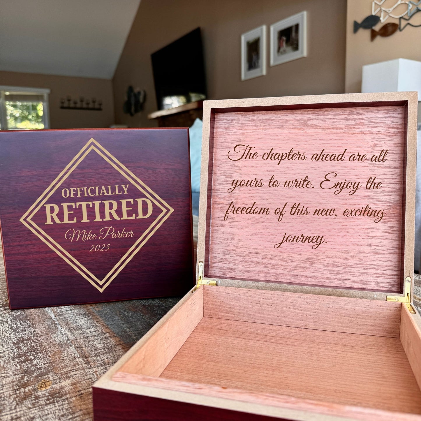 Personalized wooden retirement keepsake box with engraved name, year, and message