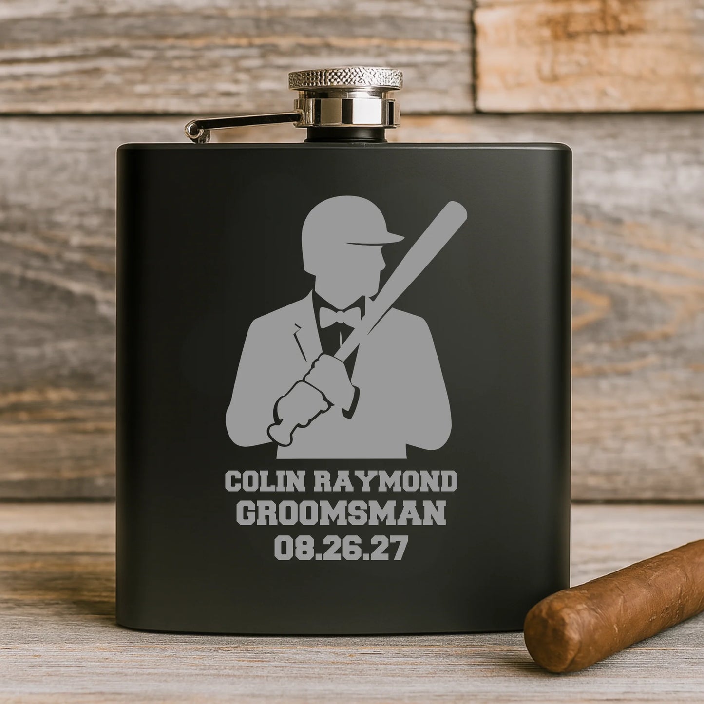 Engraved baseball groomsmen flask in matte black with custom name, role, and wedding date