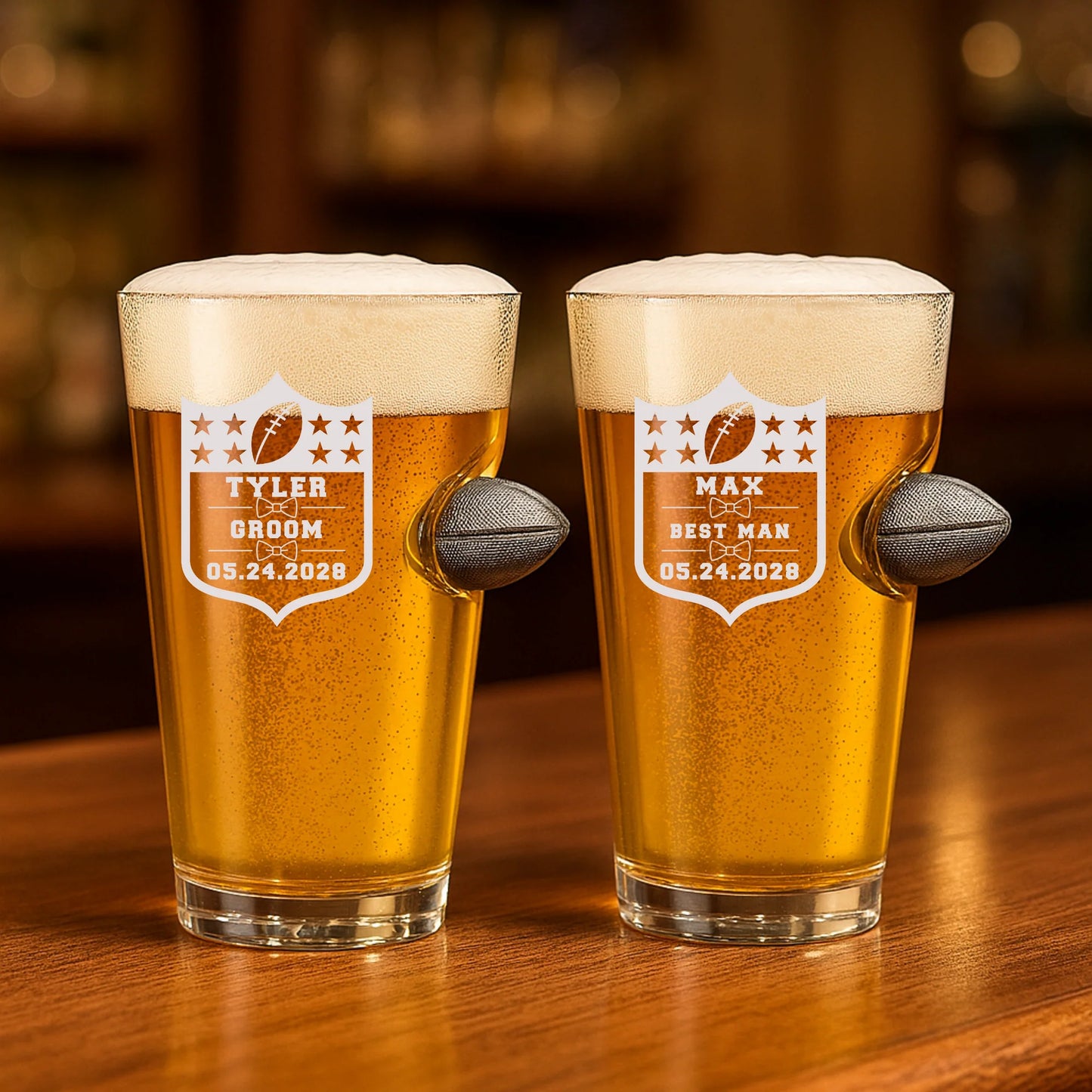 Engraved football-themed pint glass with groomsman name, role, and wedding date