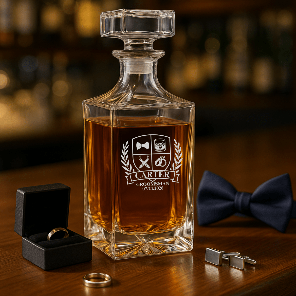Wedding Party Crest Whiskey Decanter - Groomsmen Proposal - GroomsDay