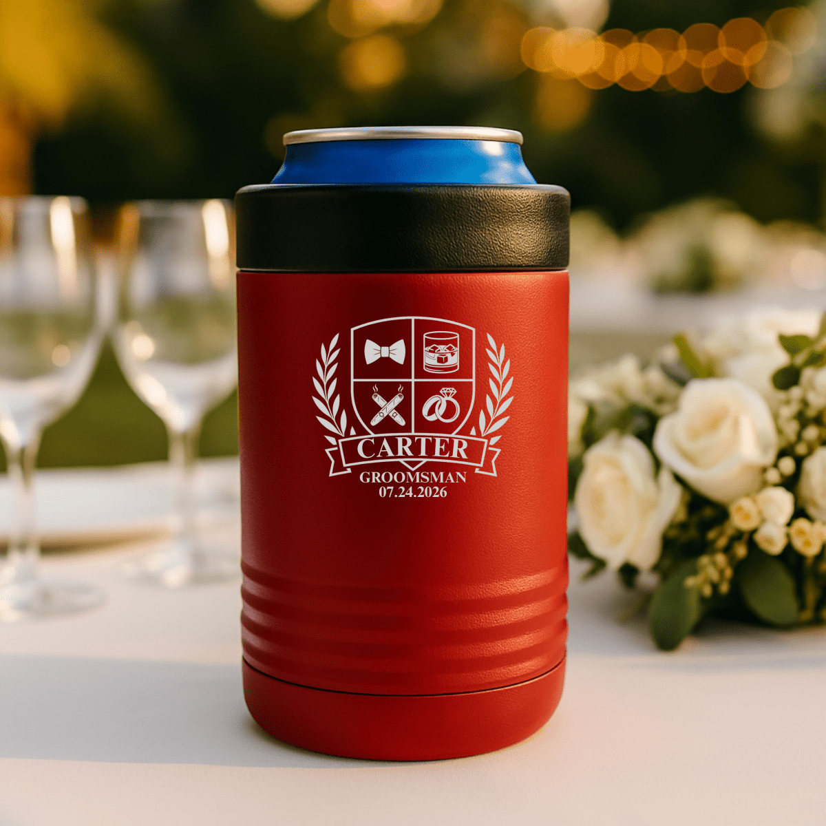 Wedding Party Crest Can Cooler - Groovy Laser - GroomsDay