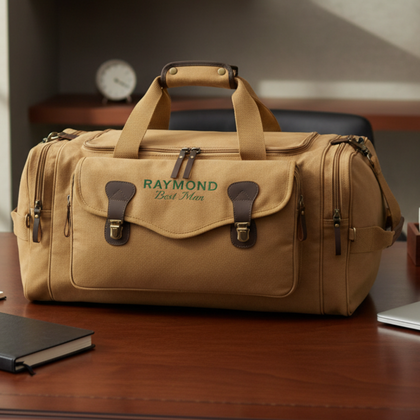 Tan canvas duffle bag with leather handles and brown leather accents, personalized with sample text "RAYMOND Best Man" on front panel, displayed on wooden desk.