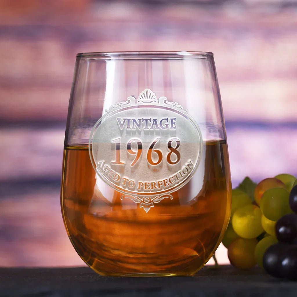 Engraved Vintage Year Stemless Wine Glass - Drinkware - GroomsDay