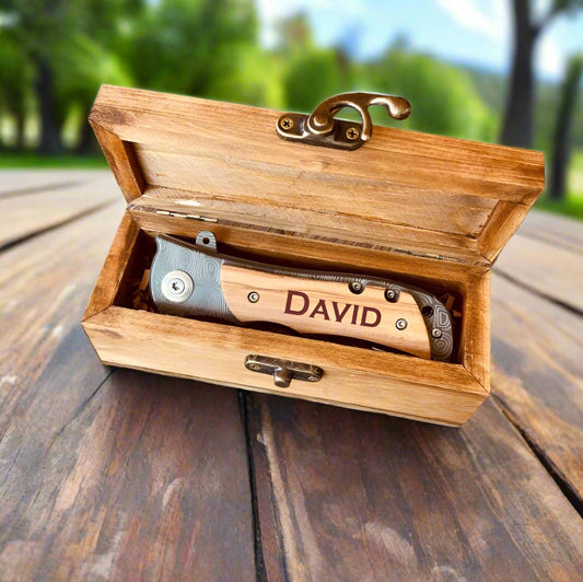 Personalized Knife in Custom Box - Folding Damascus Pattern Knife with Wood Handle