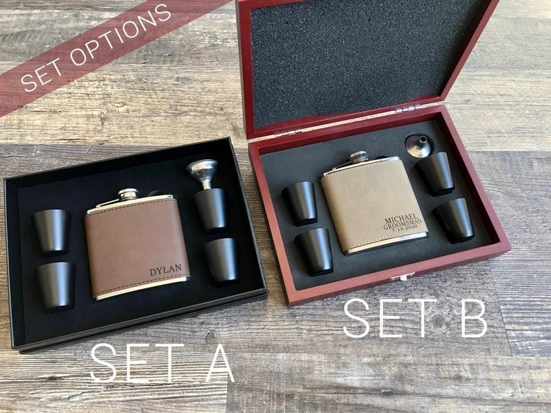 Leather Flask Gift Set - Flasks - GroomsDay