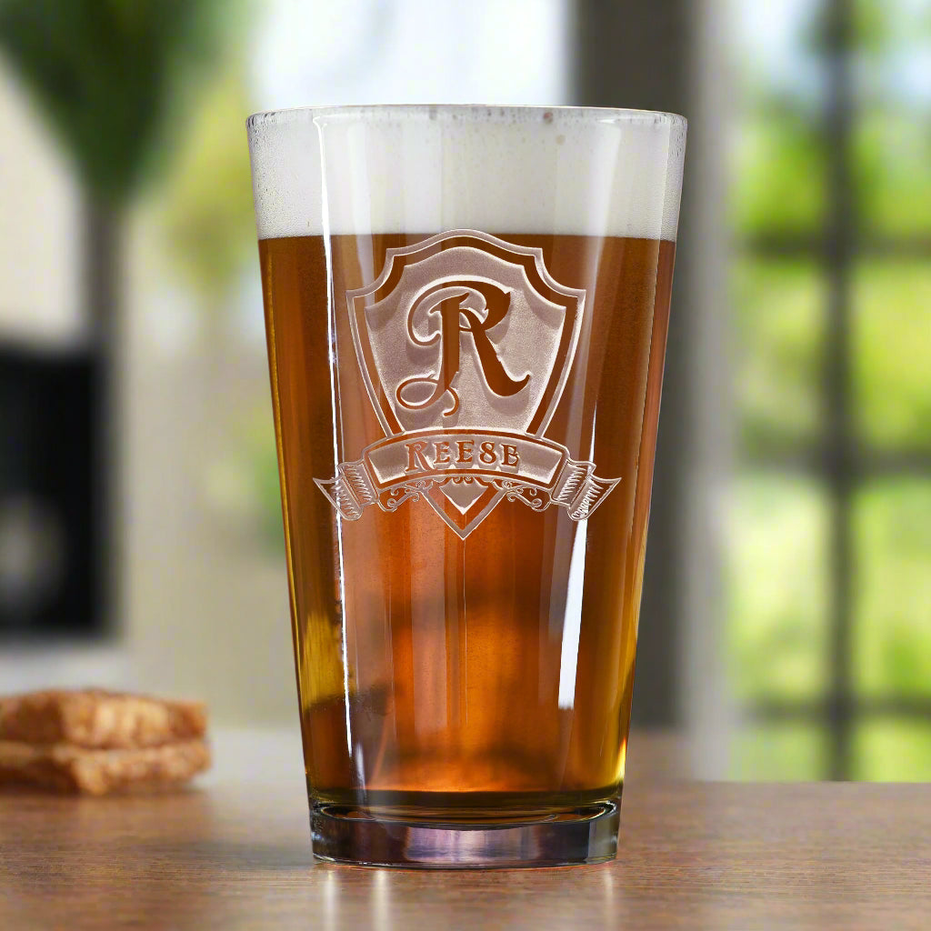 Shield design Personalized Name and Initial Glass pint glass