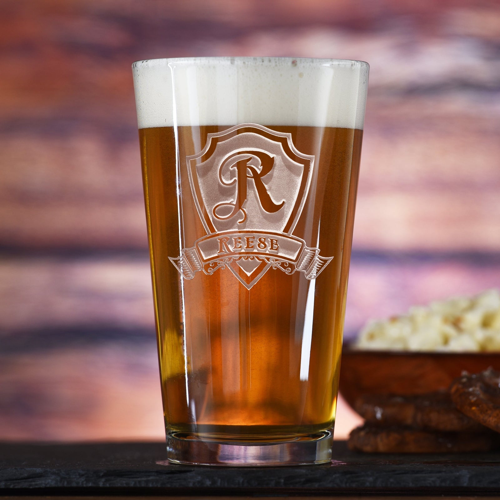 Engraved Personalized Shield Pub Glass - Crystal Imagery pint glass