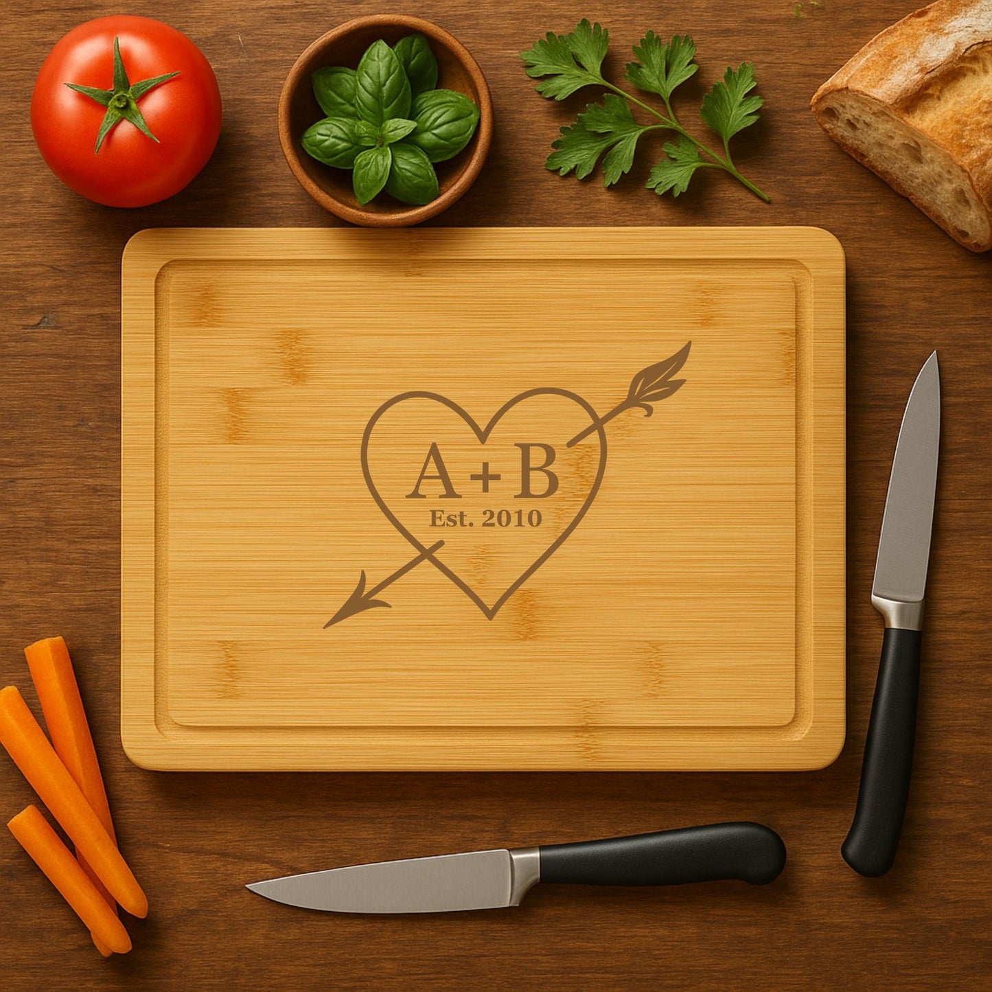 Custom engraved bamboo anniversary cutting board with initials and heart design