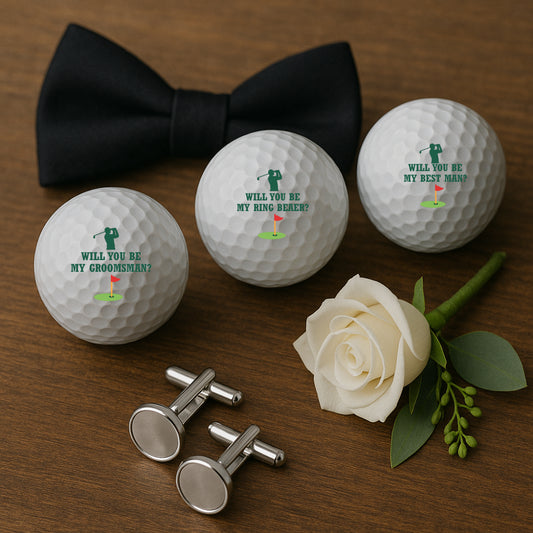 Golf ball with “Will You Be My Groomsman?” text and golfer design