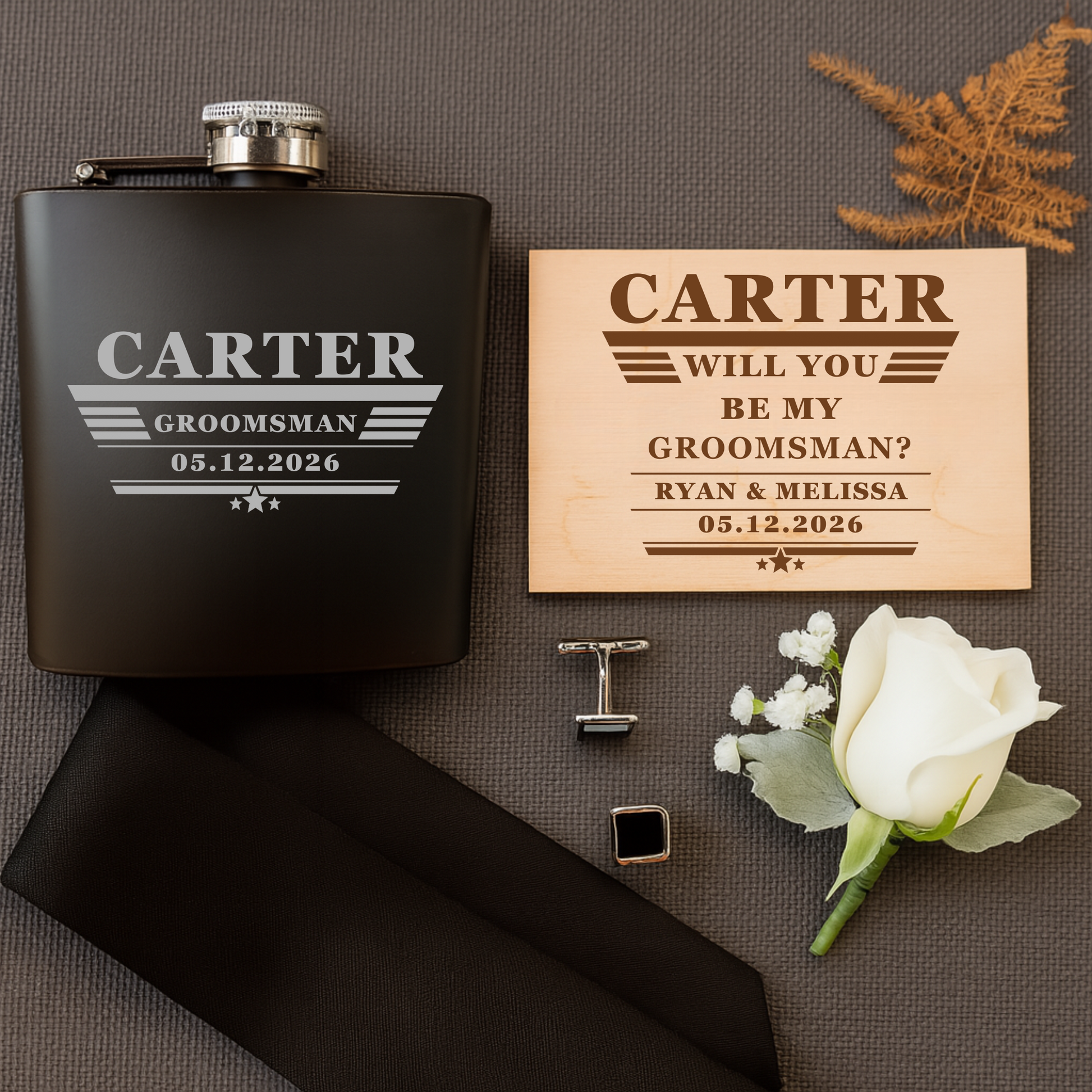 Personalized groomsman proposal flask and engraved wood card set