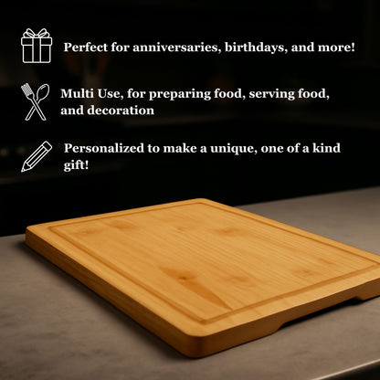 Custom engraved bamboo anniversary cutting board with initials and heart design