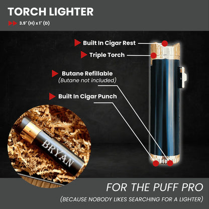 Triple torch lighter with built-in cigar rest and punch, engraved with sample name BRYAN, displayed with feature callouts on dark background