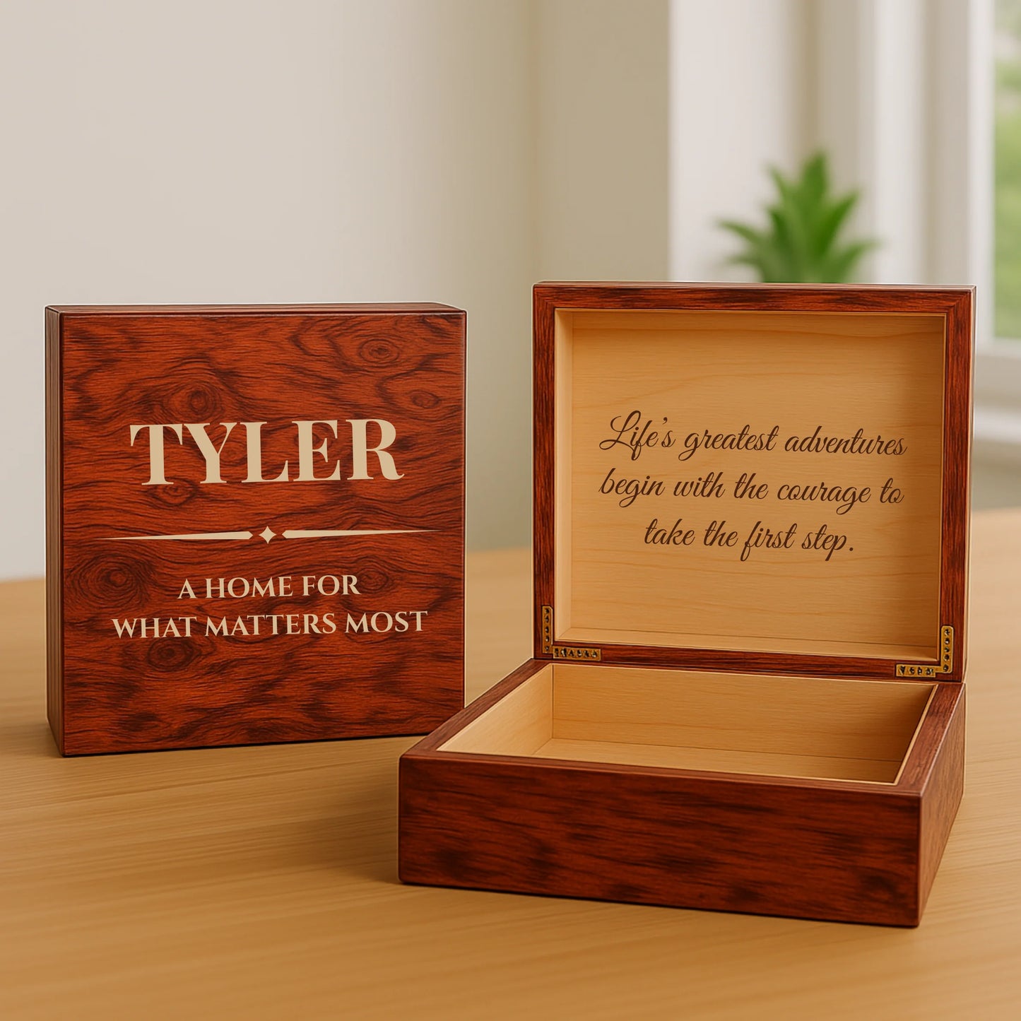 Wooden men’s keepsake box with engraved name, custom quote, and message inside lid