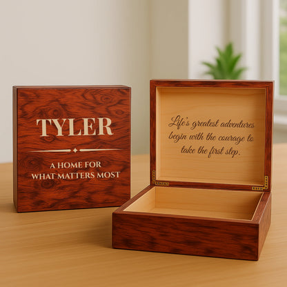 Wooden men’s keepsake box with engraved name, custom quote, and message inside lid