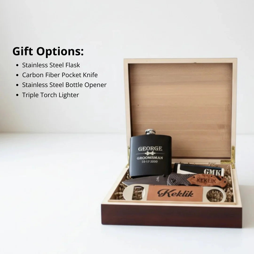 groomsmen tackle box Ultimate Gift Set Wood Gift Box with Flask