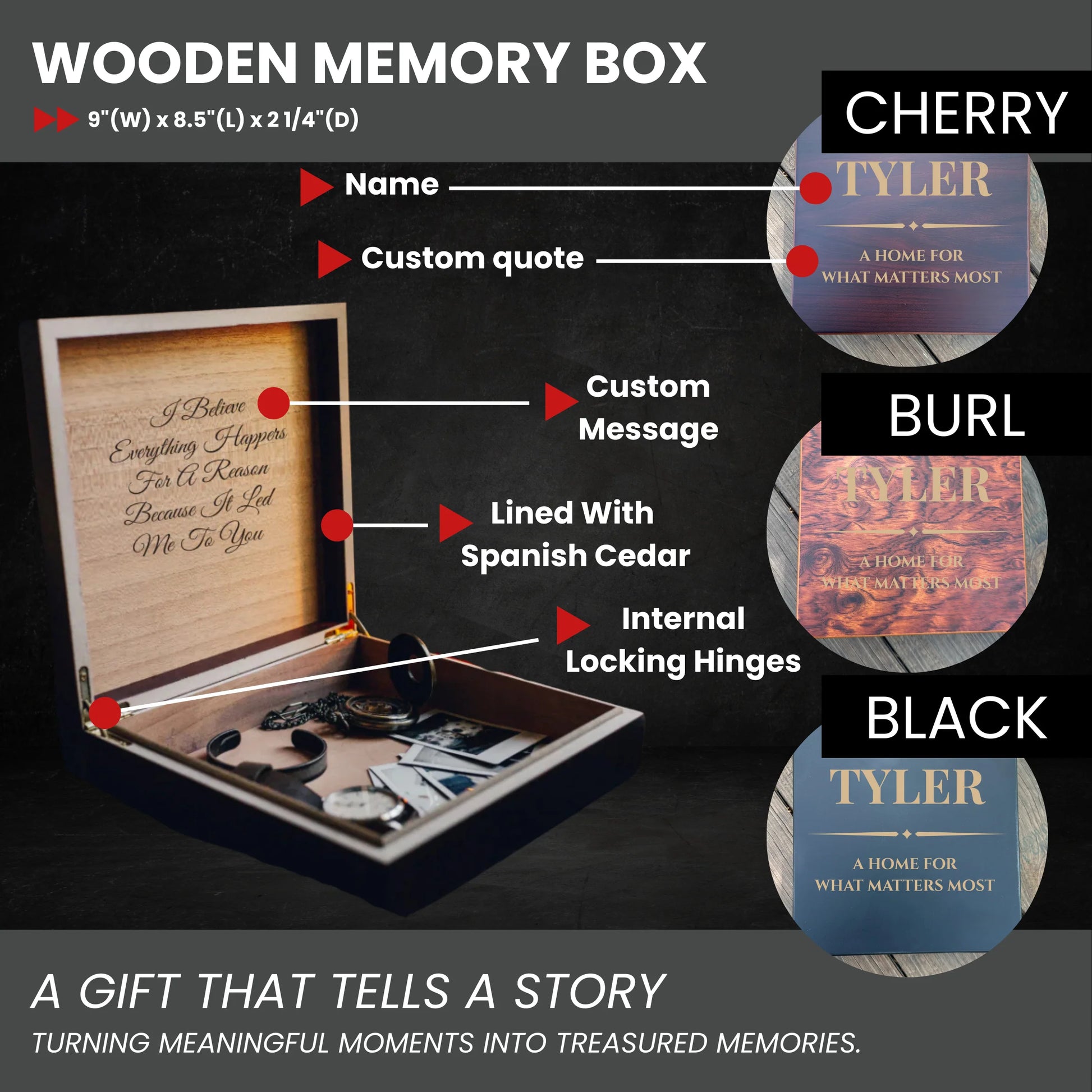 Wooden men’s keepsake box with engraved name, custom quote, and message inside lid