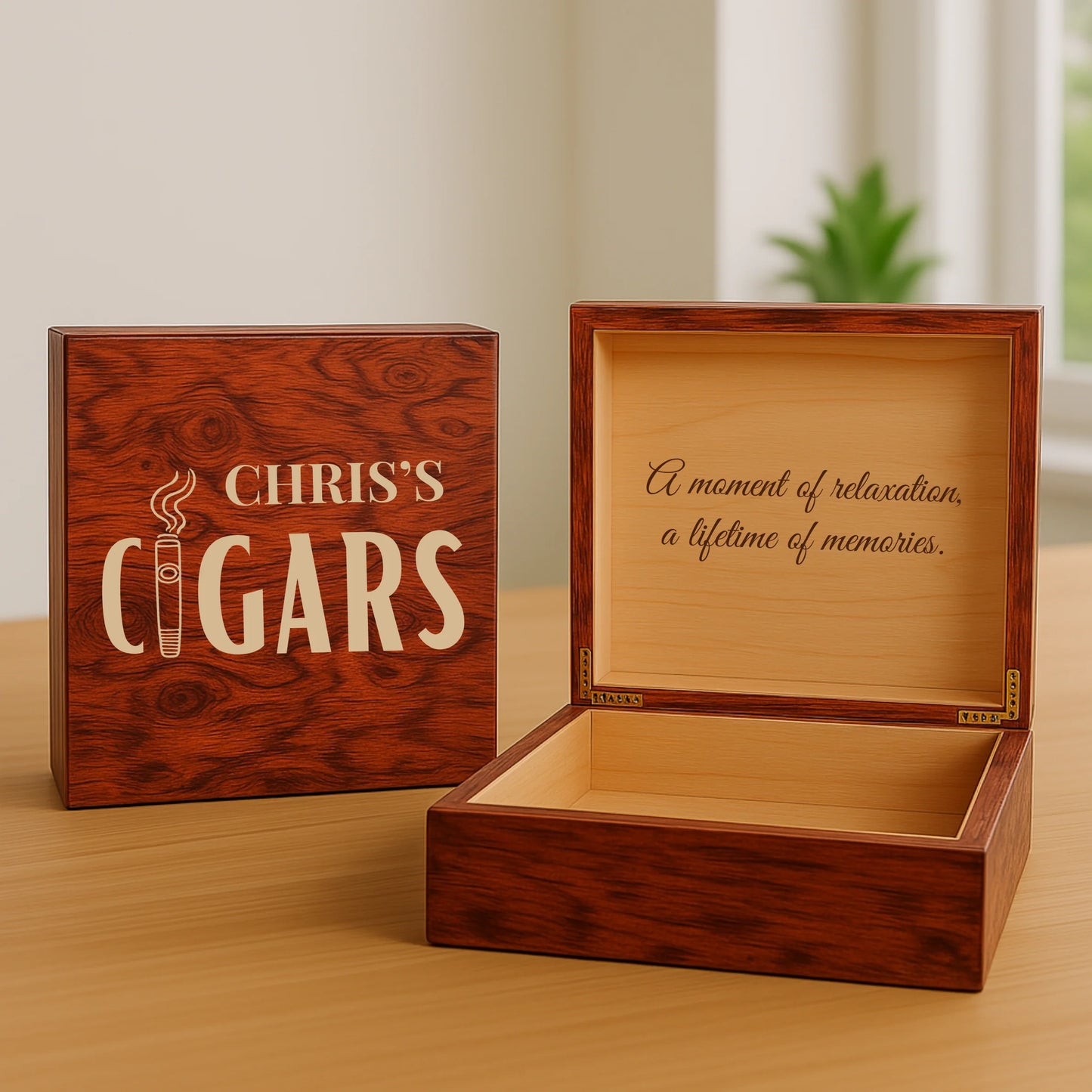 Custom engraved cigar keepsake box with name and optional message, lined with Spanish cedar
