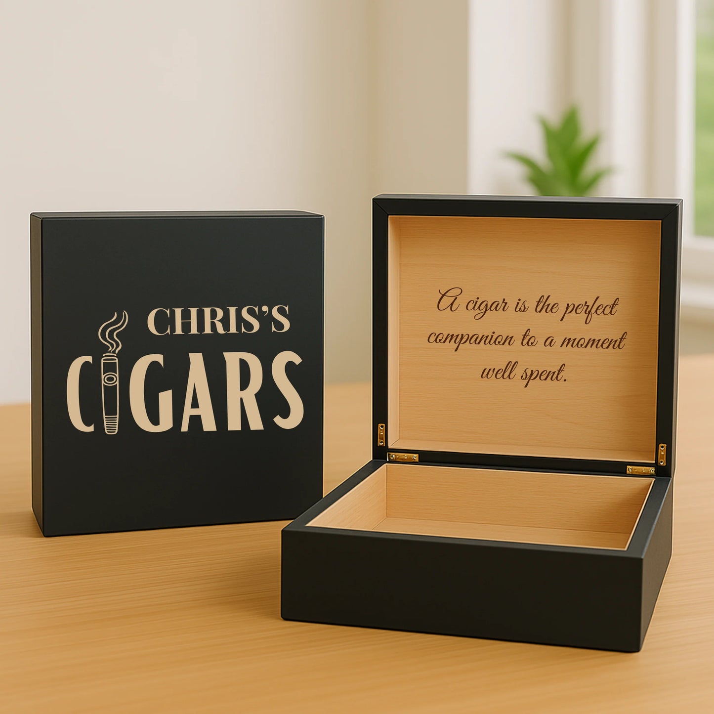 Custom engraved cigar keepsake box with name and optional message, lined with Spanish cedar