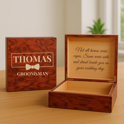 Wooden groomsman keepsake box with engraved name, wedding role, and custom message inside lid