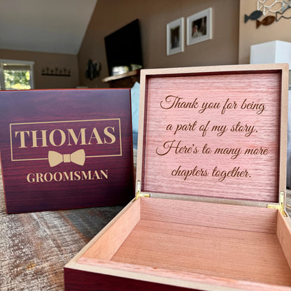 Wooden groomsman keepsake box with engraved name, wedding role, and custom message inside lid