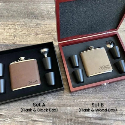 Leather Flask Gift Set - Flasks - GroomsDay