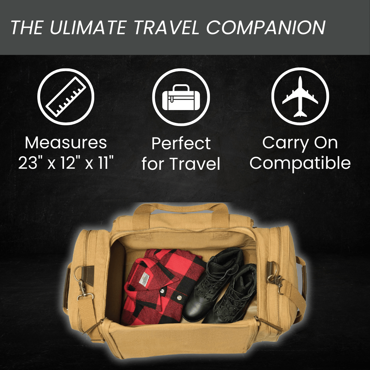 Tan canvas duffle bag open to show interior packed with red plaid blanket and black boots, demonstrating 50L storage capacity and carry-on compatibility