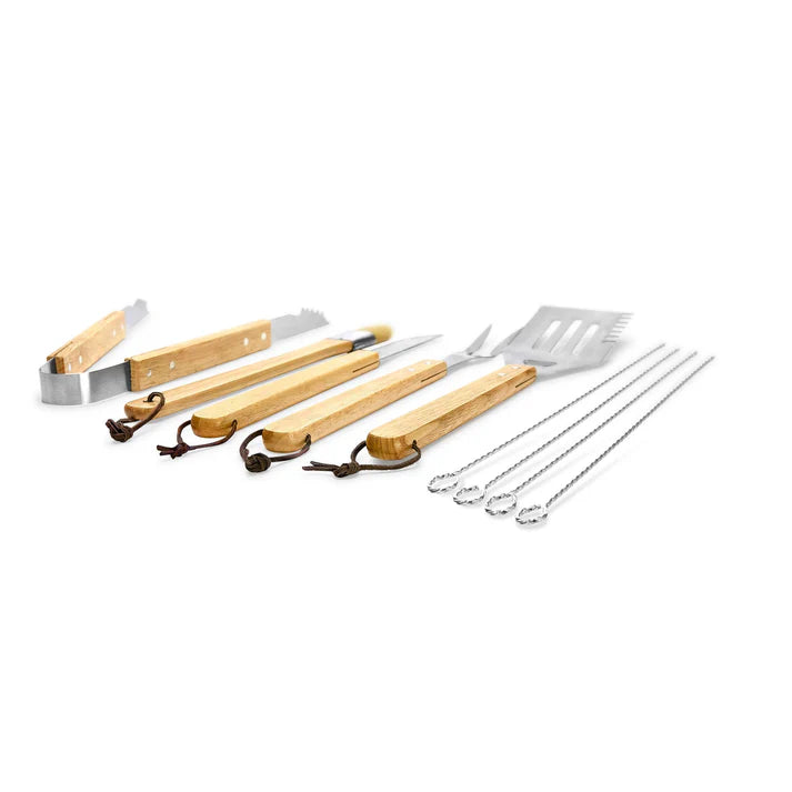 Engraved GrillFather BBQ tool set with personalized bamboo case and grilling accessories