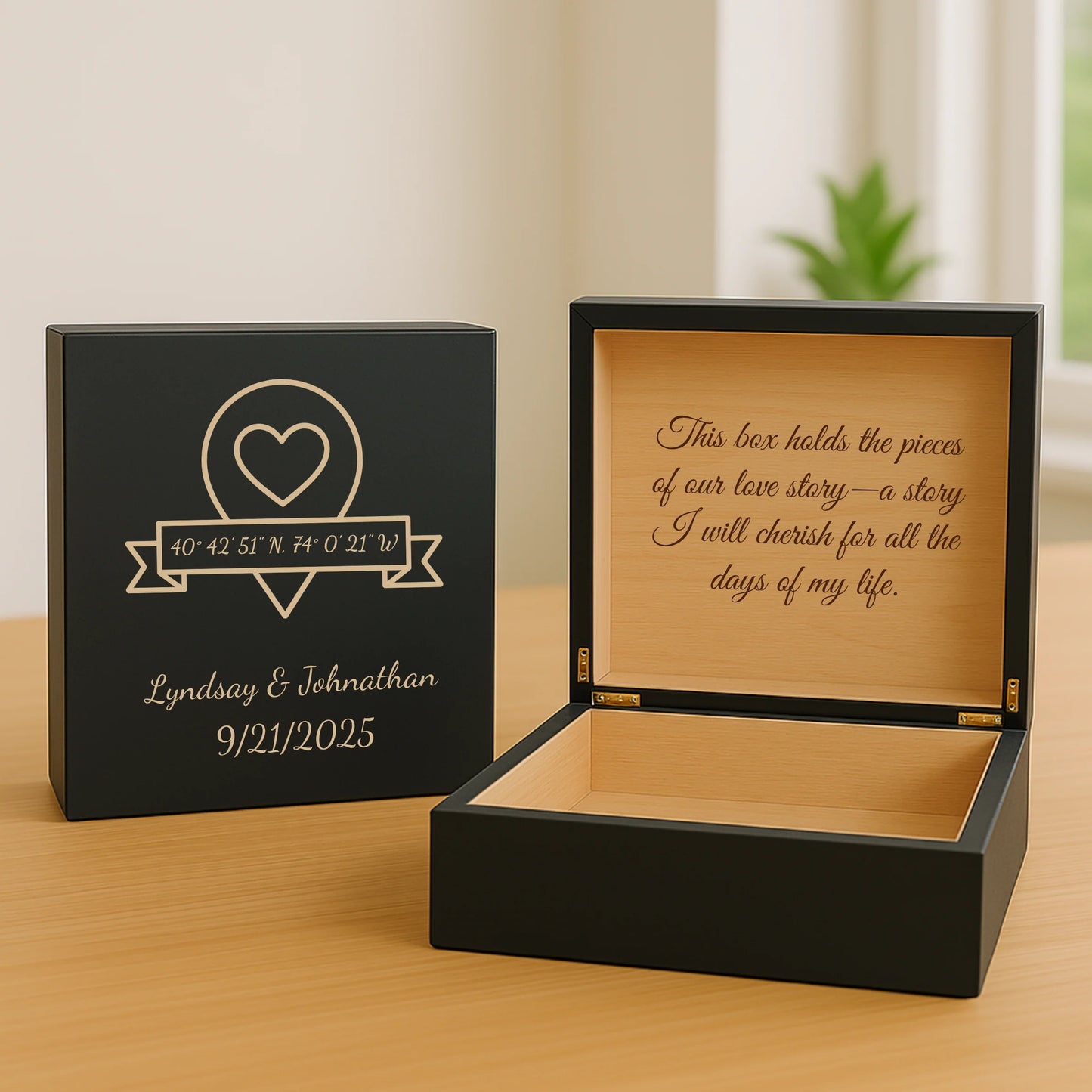 Custom wooden keepsake box for groom with engraved names, date, coordinates, and heartfelt message