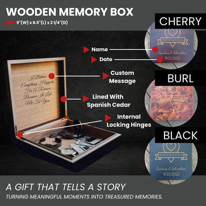 Custom wooden keepsake box for groom with engraved names, date, coordinates, and heartfelt message