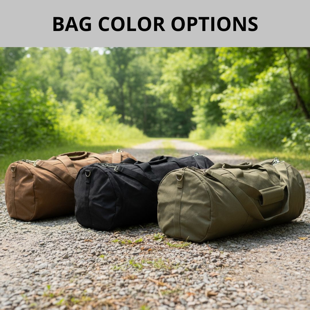 Four canvas duffle bags arranged on gravel displaying color options: tan, black, olive green, and khaki with metal hardware and shoulder straps