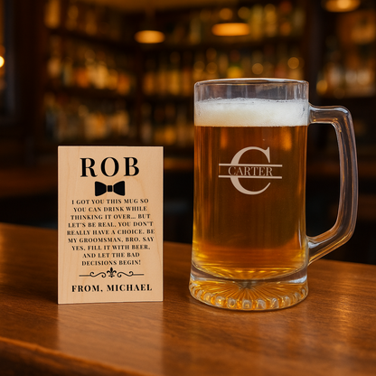 Personalized beer mug and wooden groomsmen proposal card gift set