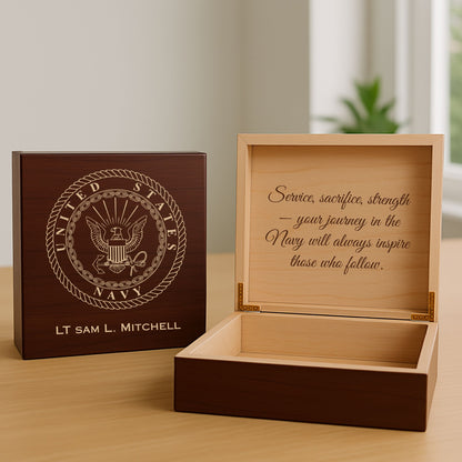 Engraved wooden Navy keepsake box with personalized name and custom message