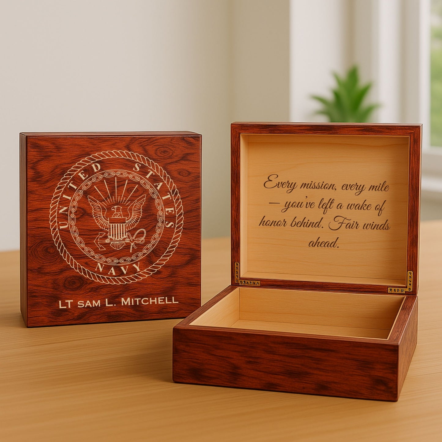 Engraved wooden Navy keepsake box with personalized name and custom message