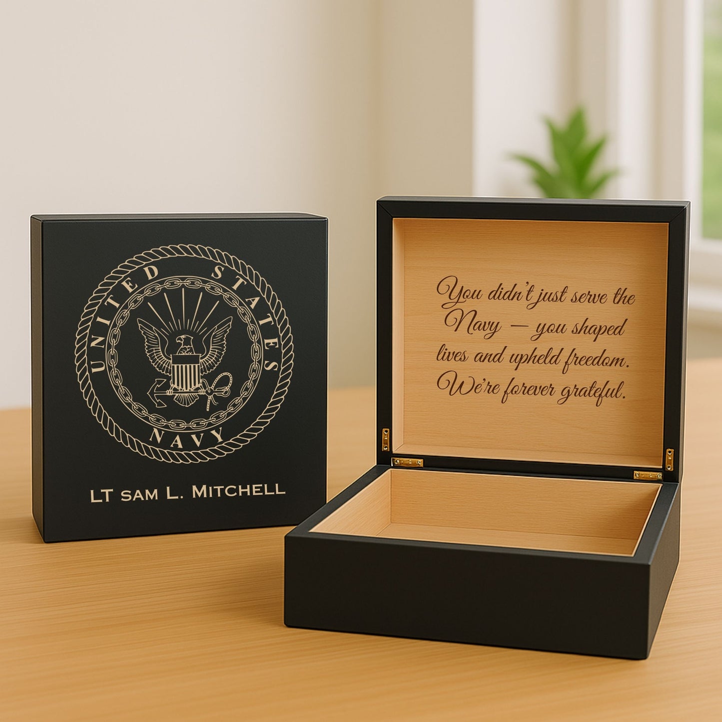 Engraved wooden Navy keepsake box with personalized name and custom message