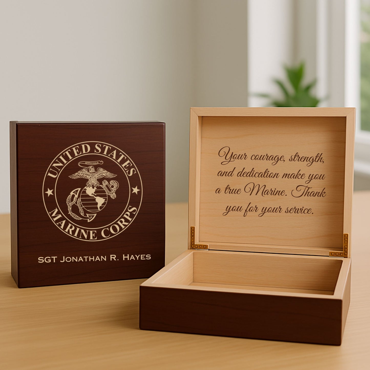 Custom U.S. Marine Corps wooden memory box with engraved name and message