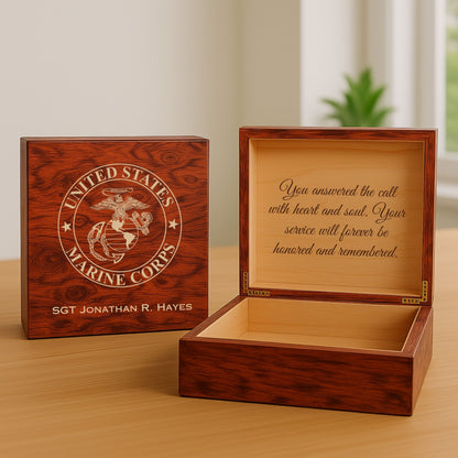 Custom U.S. Marine Corps wooden memory box with engraved name and message