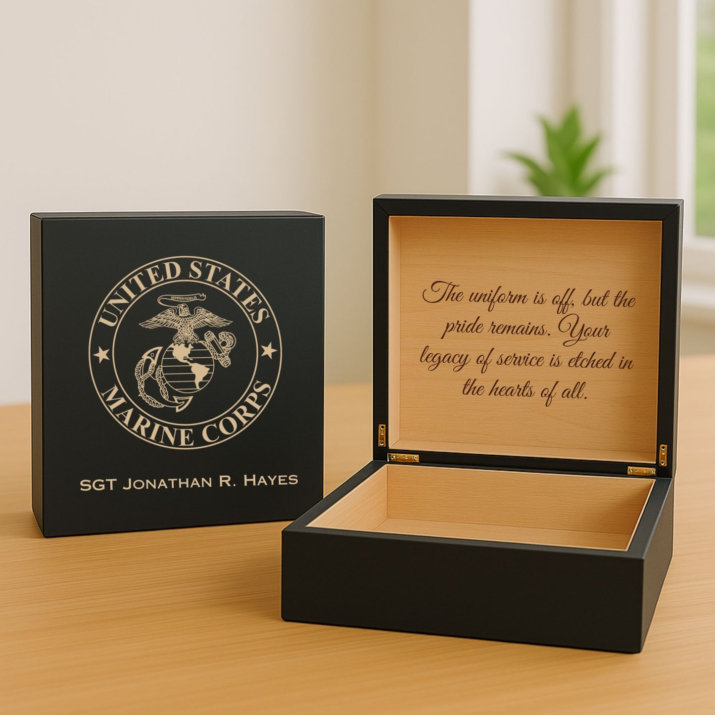 Custom U.S. Marine Corps wooden memory box with engraved name and message