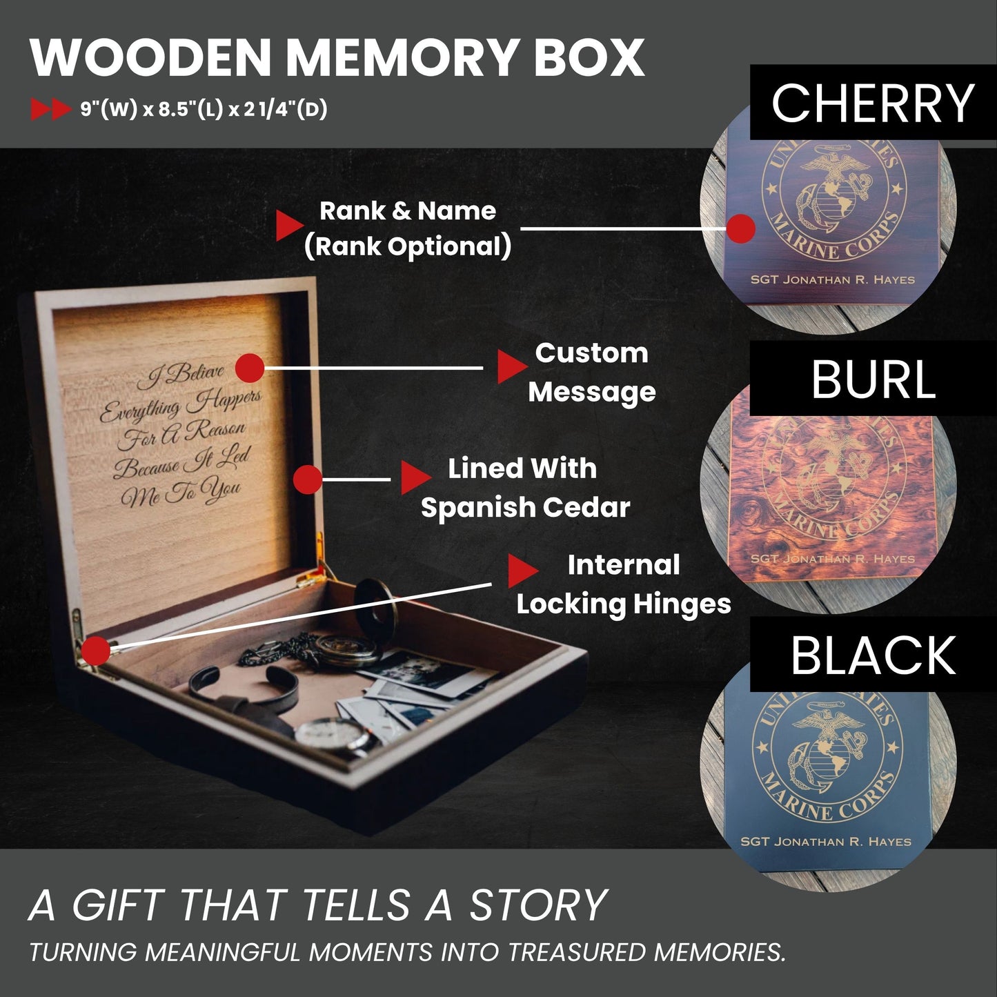 Custom U.S. Marine Corps wooden memory box with engraved name and message