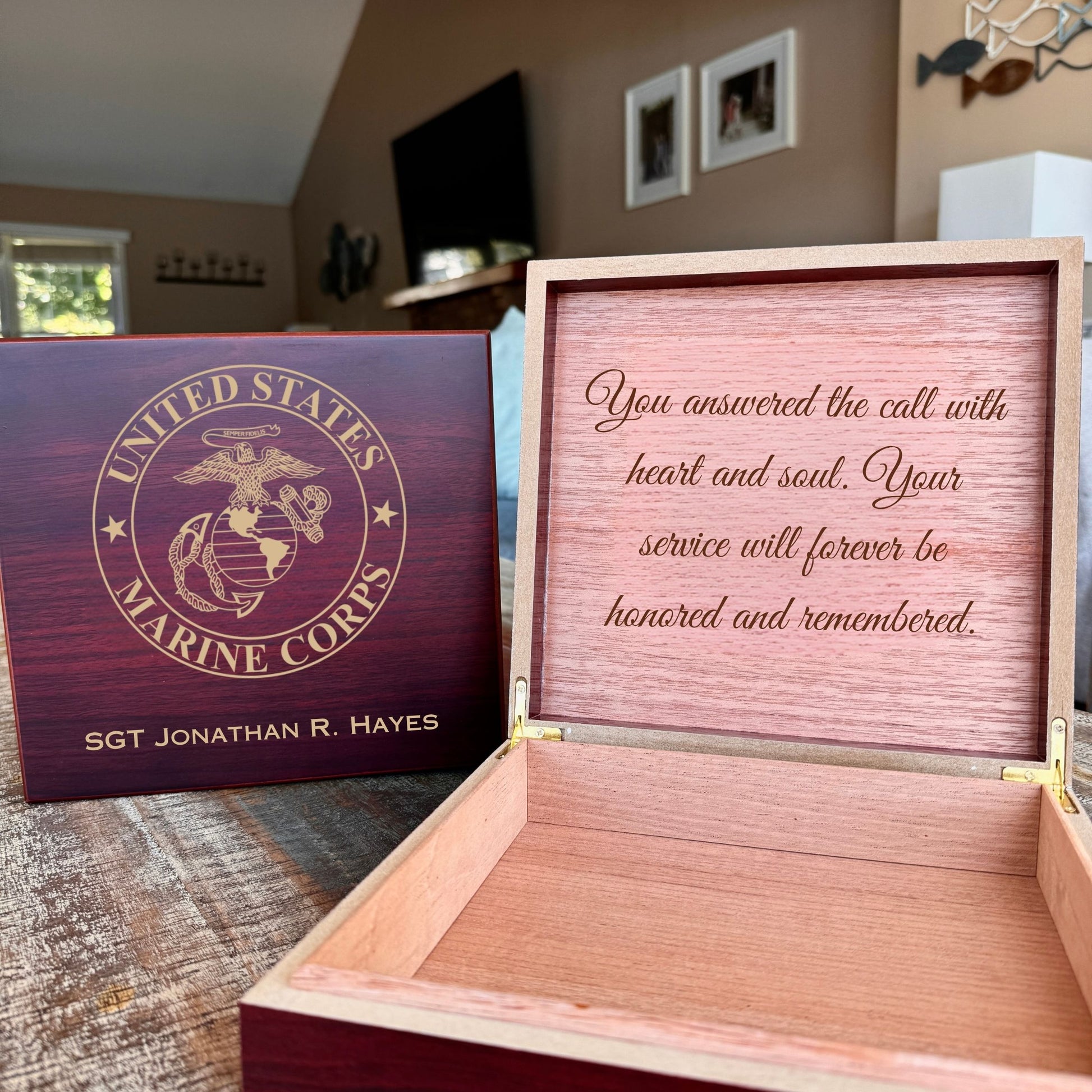 Custom U.S. Marine Corps wooden memory box with engraved name and message