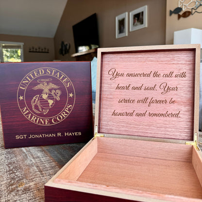 Custom U.S. Marine Corps wooden memory box with engraved name and message