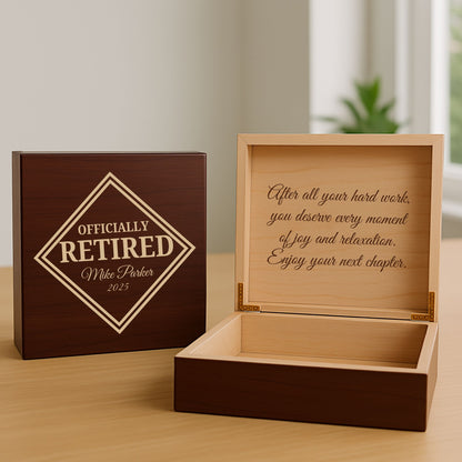 Personalized wooden retirement keepsake box with engraved name, year, and message