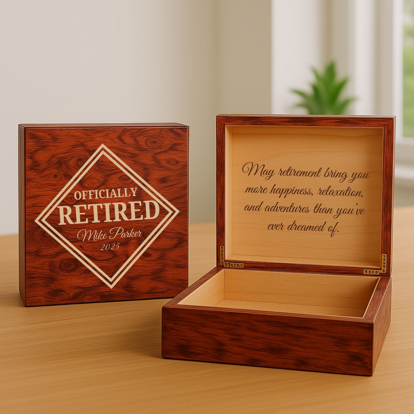 Personalized wooden retirement keepsake box with engraved name, year, and message