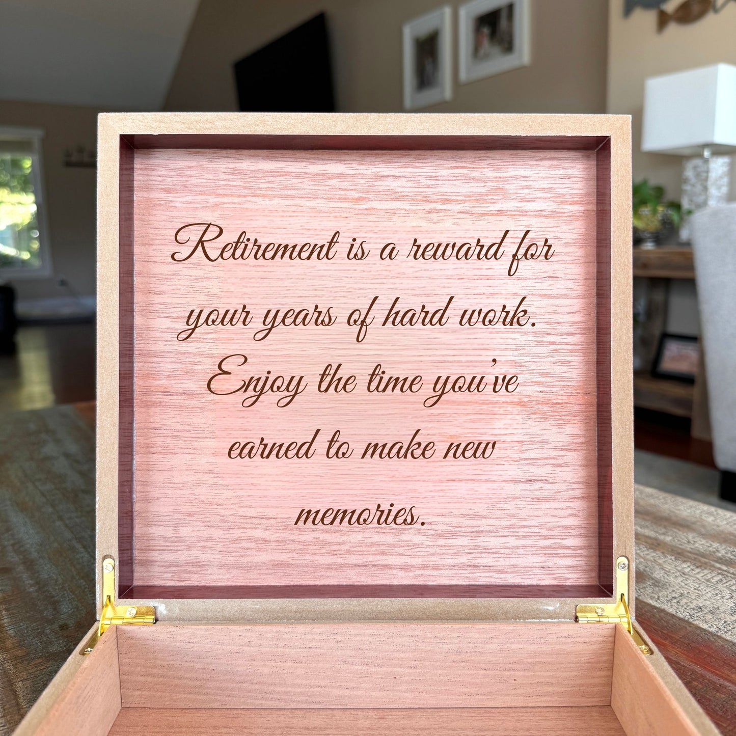 Personalized wooden retirement keepsake box with engraved name, year, and message