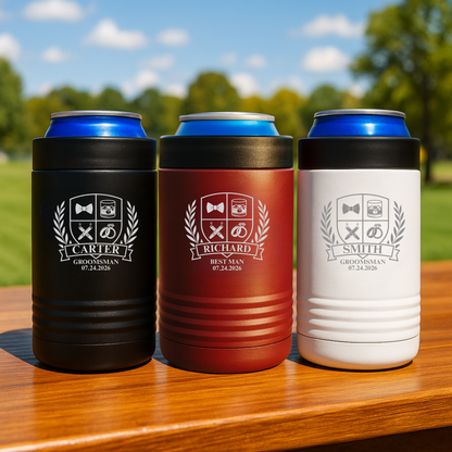 Custom engraved wedding koozie in black with name, role, and crest