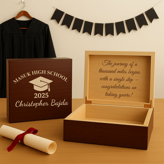 Personalized wooden graduation keepsake box to store memories from school with engraved cap design, school name, recipient name, and class year on the lid.