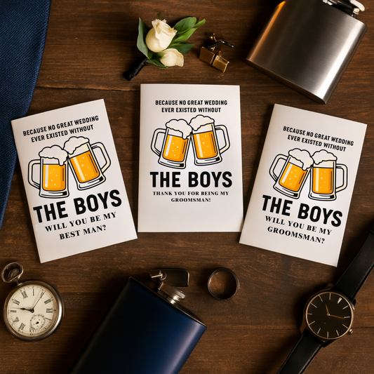 Funny wedding proposal card with beer mugs – The Boys groomsmen card