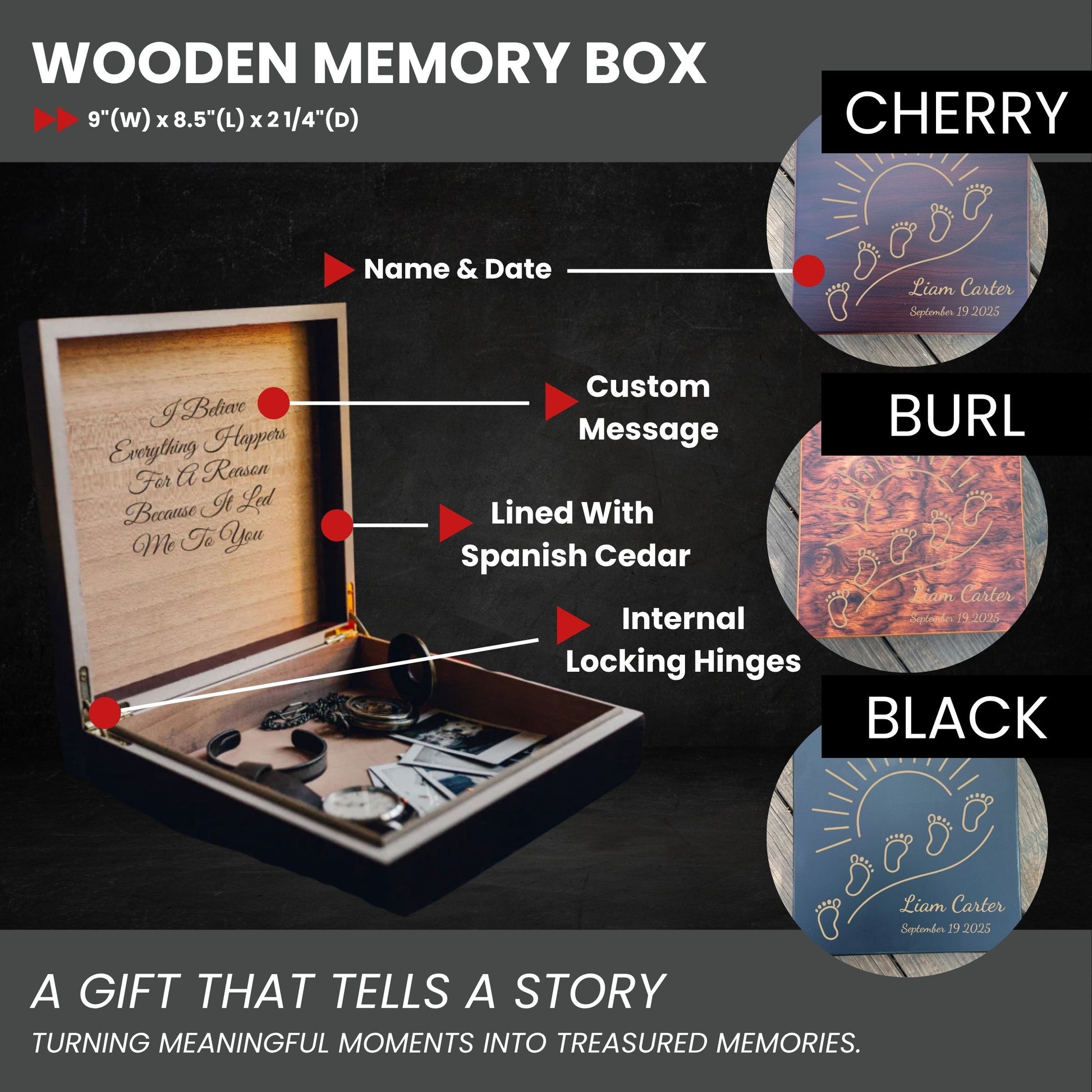 Wooden newborn keepsake box with custom engraving for baby name, date, and message