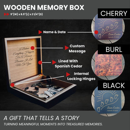 Wooden newborn keepsake box with custom engraving for baby name, date, and message