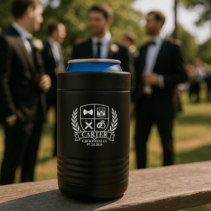 Wedding Party Crest Can Cooler - Groovy Laser - GroomsDay