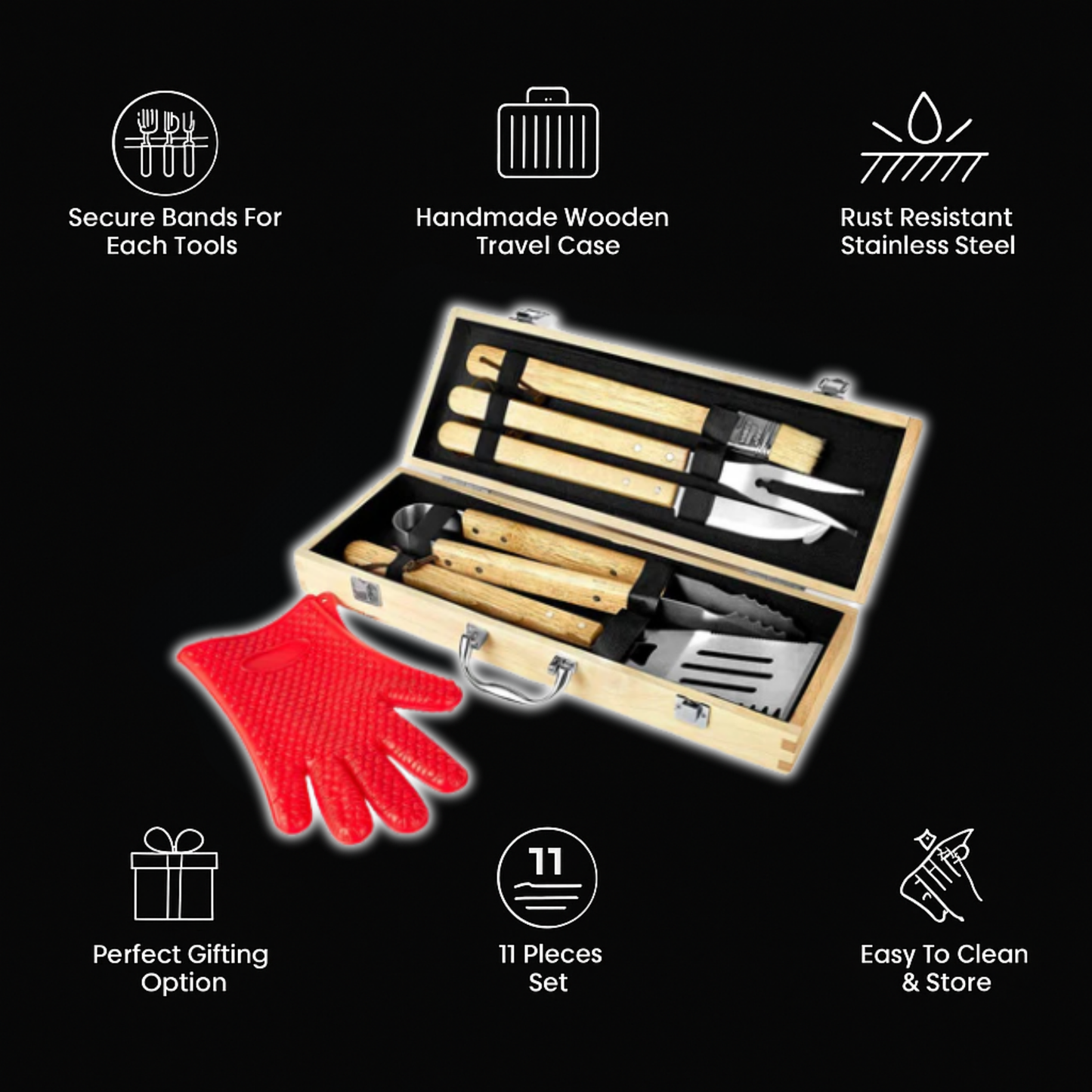 Engraved GrillFather BBQ tool set with personalized bamboo case and grilling accessories